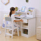 Kids desk and chair set with child seated, white frame, shelves for books and supplies