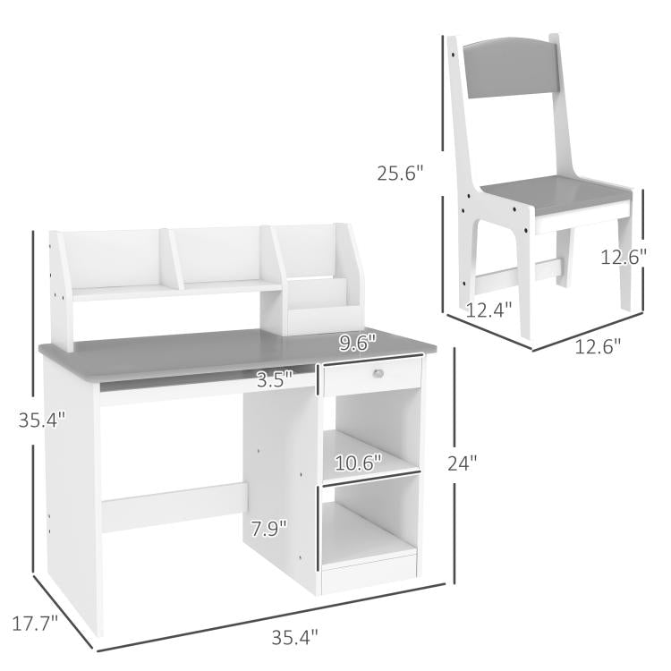 Kids desk and chair set size view, white desk with drawer and storage shelves