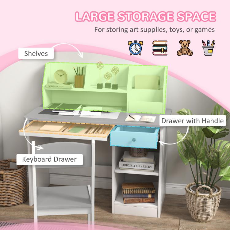 Kids study desk set with open shelves and pull-out drawer, white frame, gray tabletop