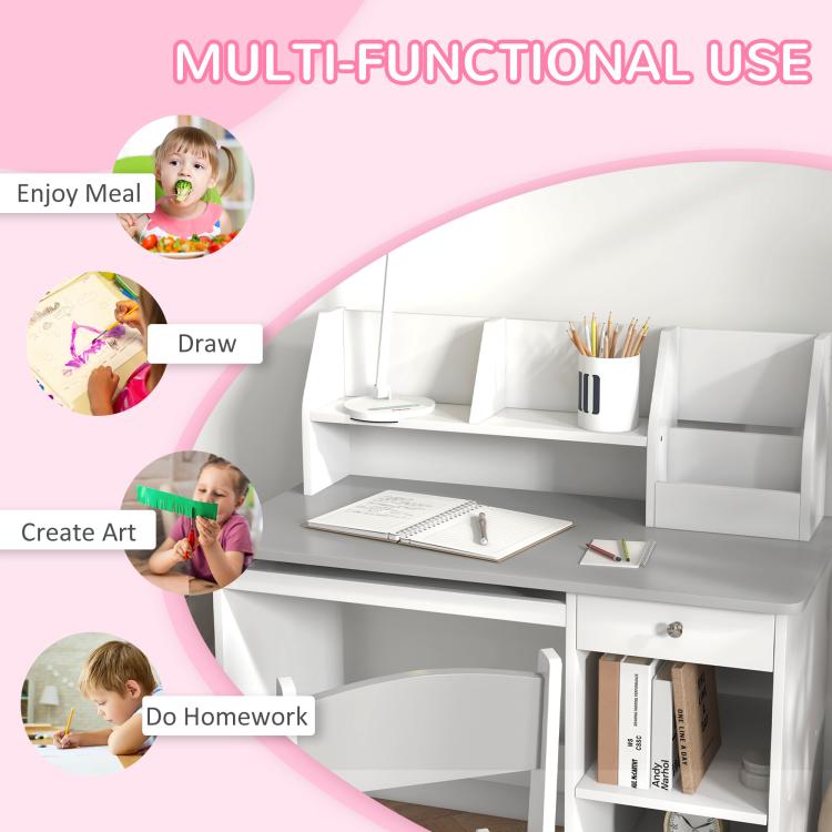 Kids study desk and chair set with large desktop, drawer, and book storage shelves