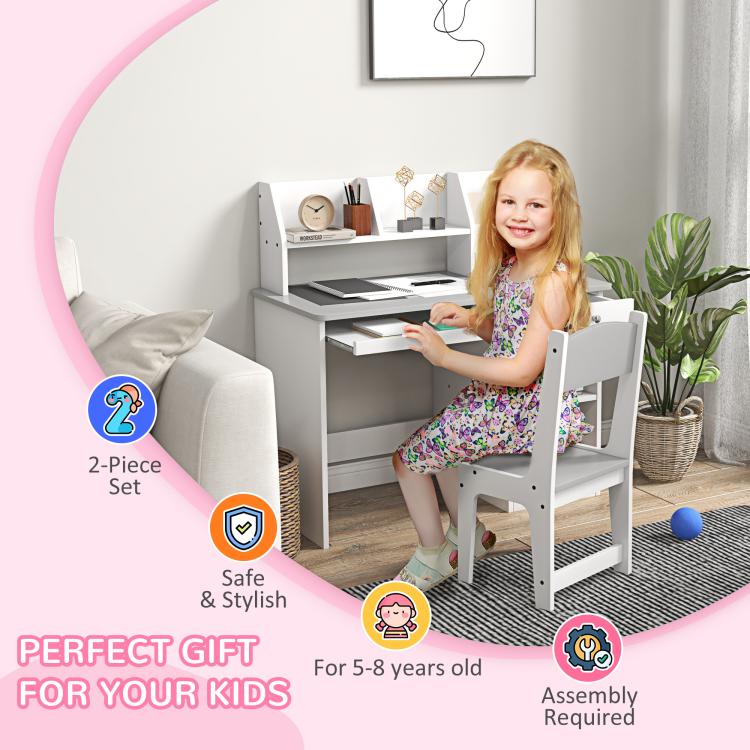 Kids desk and chair set with child seated at white desk and backrest chair