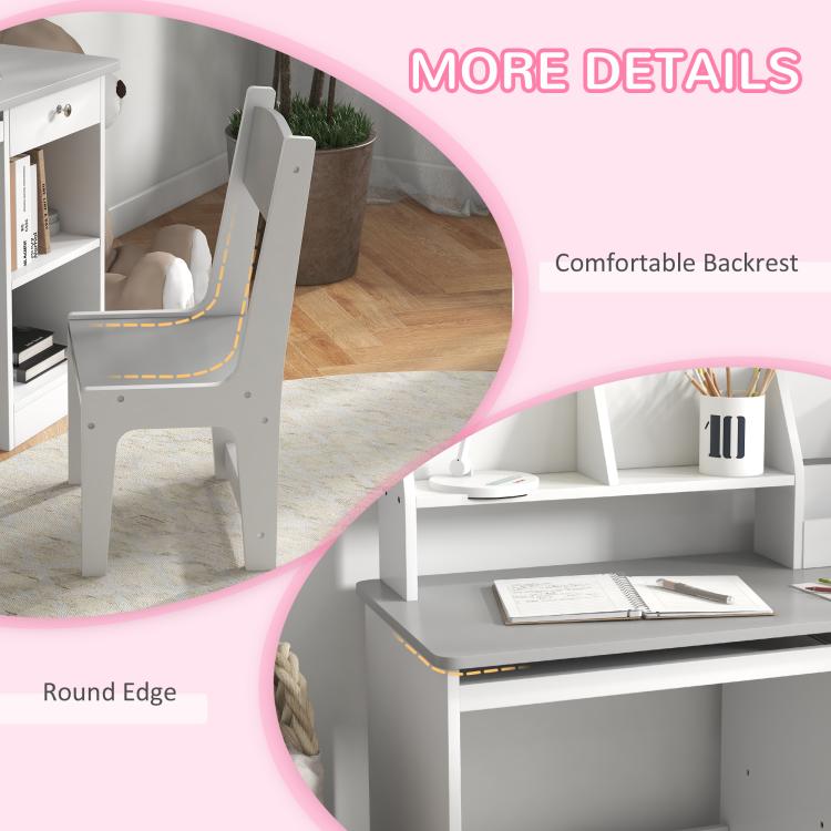 Kids desk and chair set detail: rounded edges and padded-look chair backrest