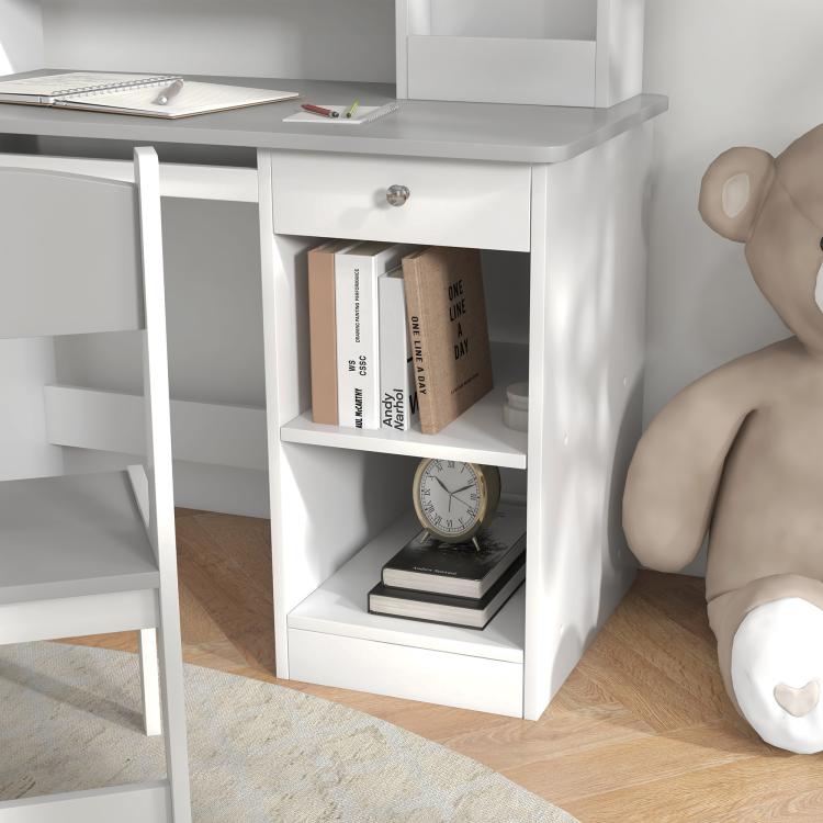Kids desk storage cabinet holding books and clock, white desk frame