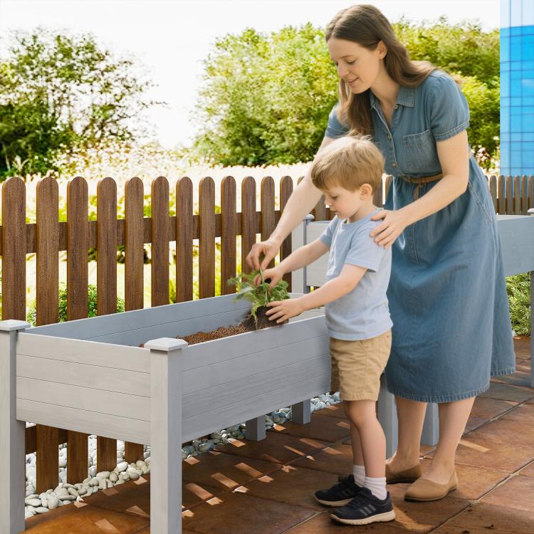 Gray two-tier raised garden bed with legs, wooden planter box for flowers and herbs