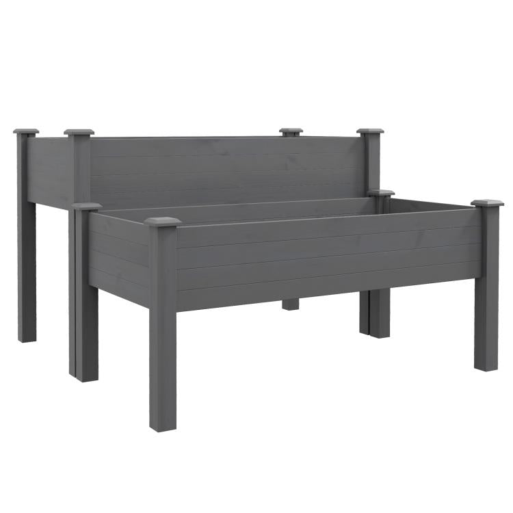 Gray two-tier raised garden bed with four legs, wooden elevated planter box