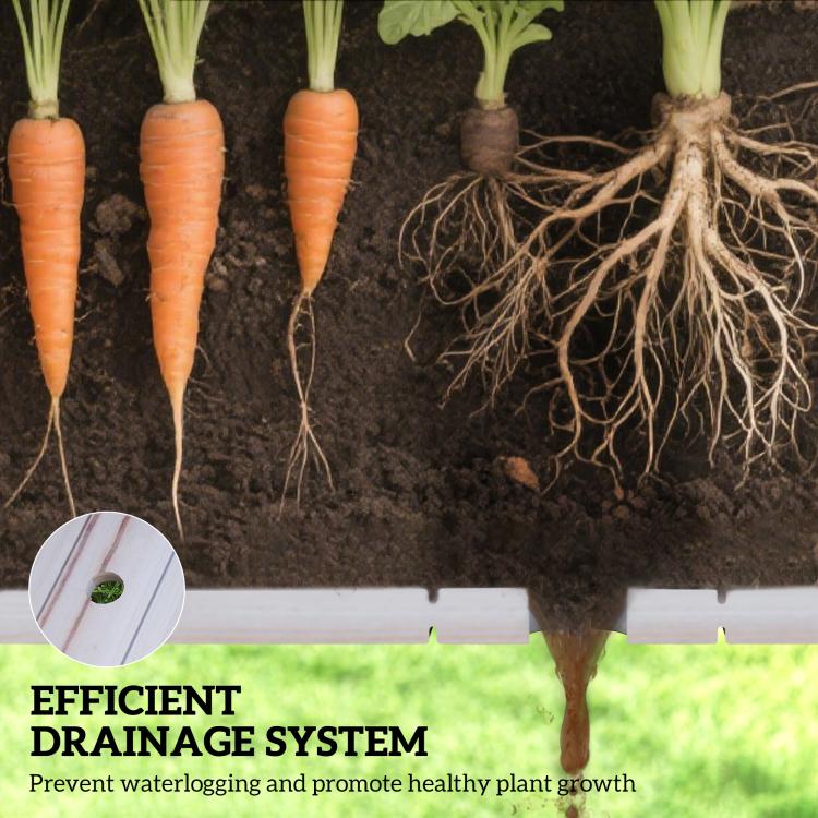 Two-tier raised planter bed showing soil roots and an efficient drainage opening