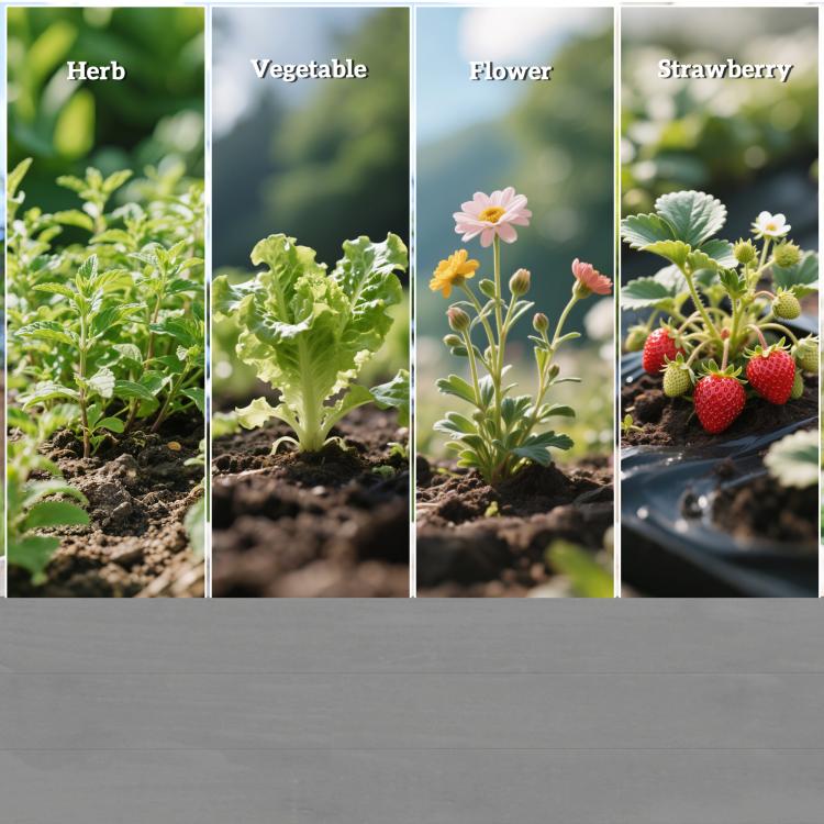 Gray raised garden bed planter with herb, vegetable, flower, and strawberry plant varieties