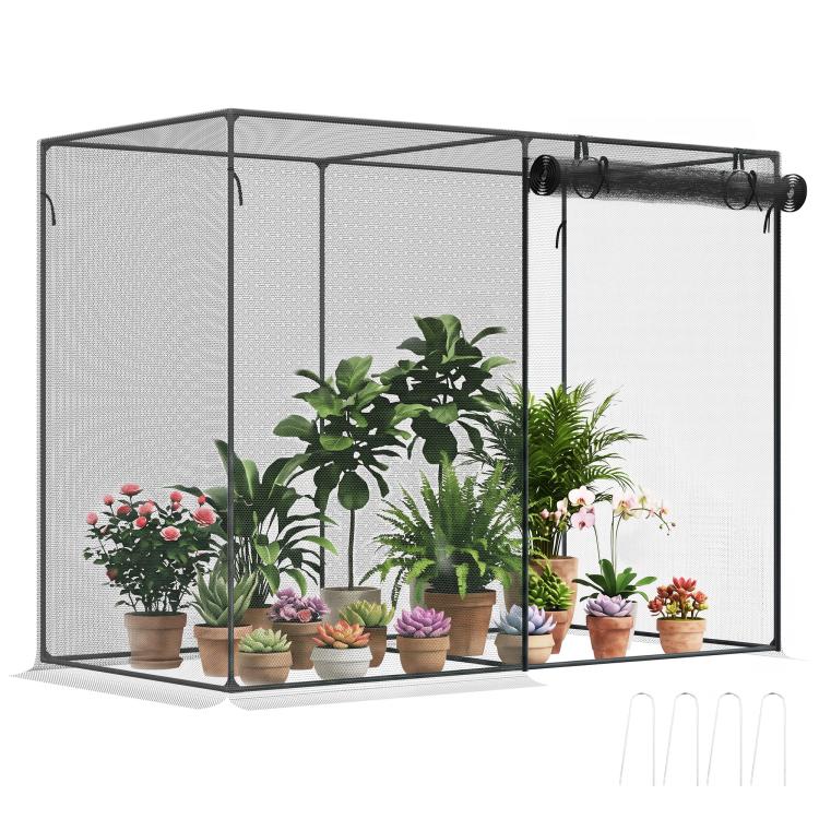 Black plant protection crop cage with netted panels and potted plants inside