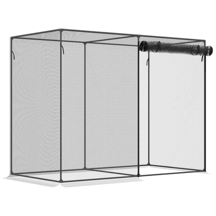 Black wire mesh plant protector cage with four panels and rounded corner frame