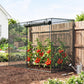 Black garden crop cage with mesh panels protecting fruiting tomato plants outdoors