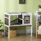 Elevated rabbit hutch with wire panels, front door, and dark ramp; coffee wood sides