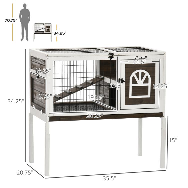 Elevated rabbit hutch with open front access, wire grid sides, and interior ramp