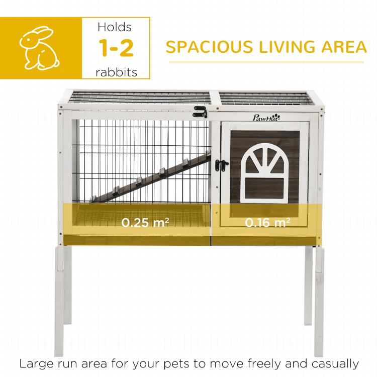 Elevated rabbit hutch with wire enclosure and front door; spacious coffee-toned base