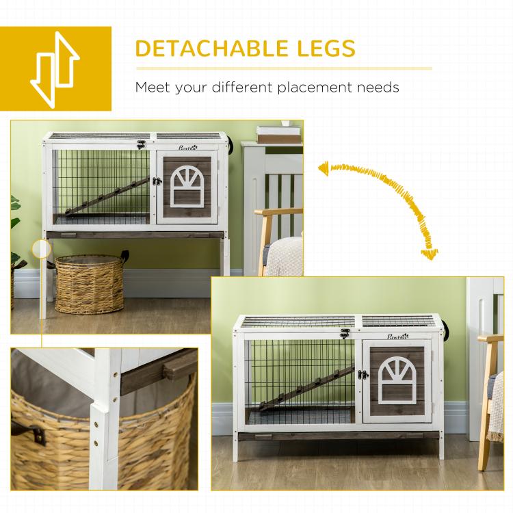 Elevated rabbit hutch with detachable legs and front door; wire enclosure and ramp
