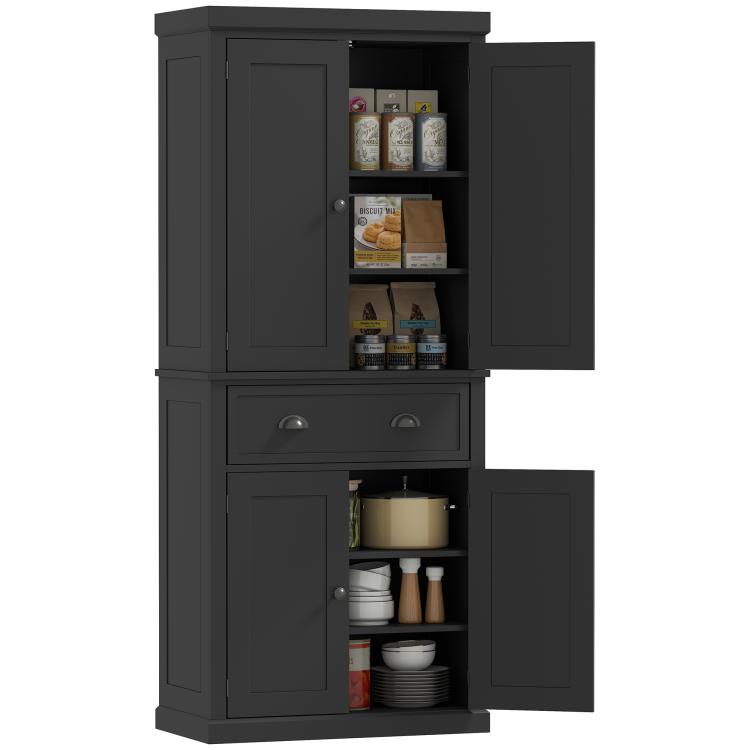 Black freestanding pantry cabinet with double doors and open shelving