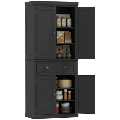 Black freestanding pantry cabinet with double doors and open shelving
