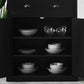 Black freestanding pantry cabinet with open shelves and dual interior compartments