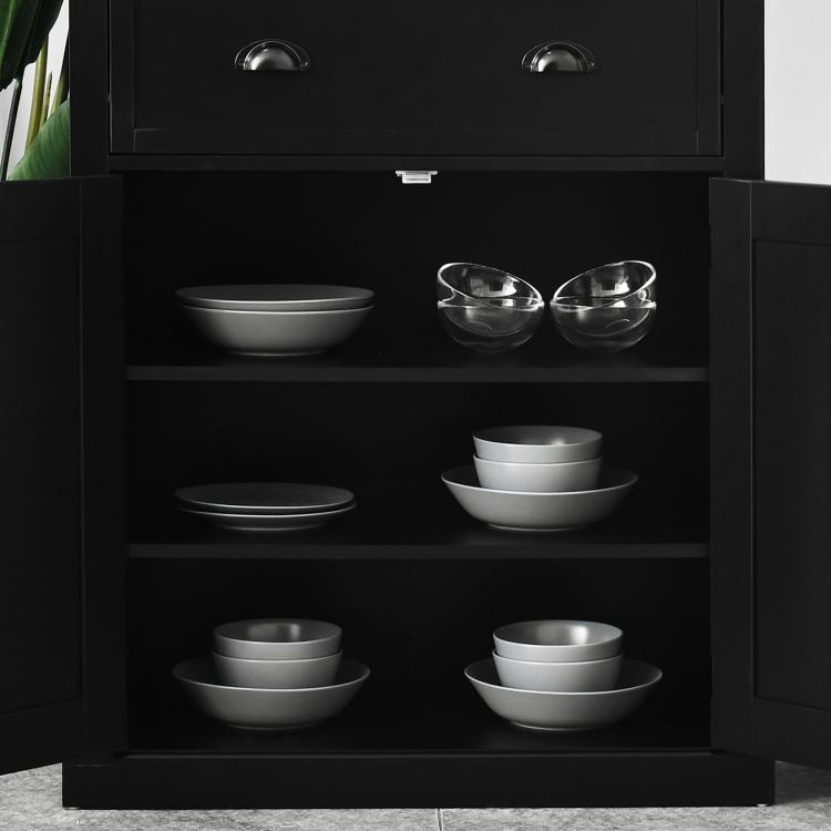 Black freestanding pantry cabinet with open shelves and dual interior compartments