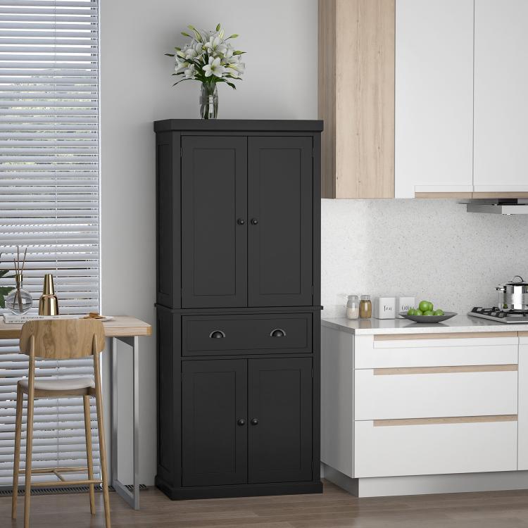 Tall black pantry cabinet with top and bottom double doors and drawers