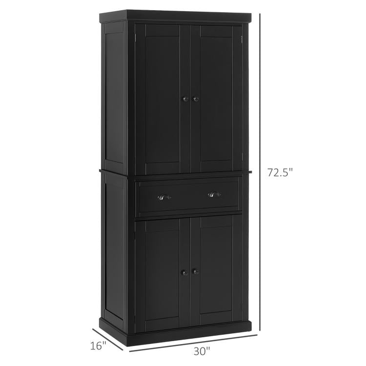 Black pantry cabinet, 72.5 in tall, with double doors and two drawers
