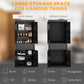 Black pantry cabinet with doors open to show shelves and drawers