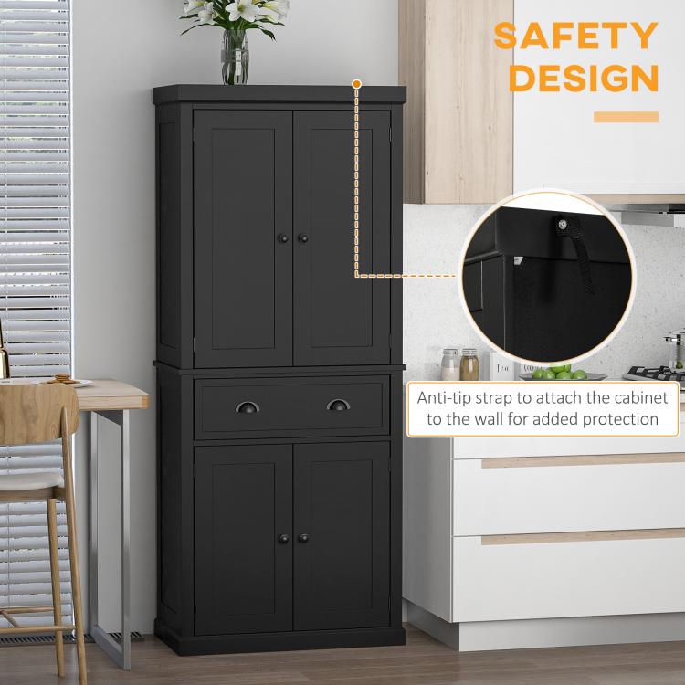 Black pantry cabinet with double doors and two drawers plus anti-tip wall strap