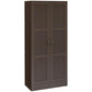 Dark wood storage cabinet with four-pane doors and two metal bar handles