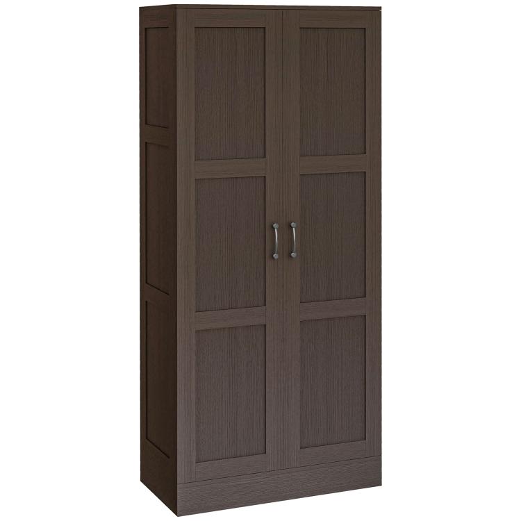 Dark wood storage cabinet with four-pane doors and two metal bar handles