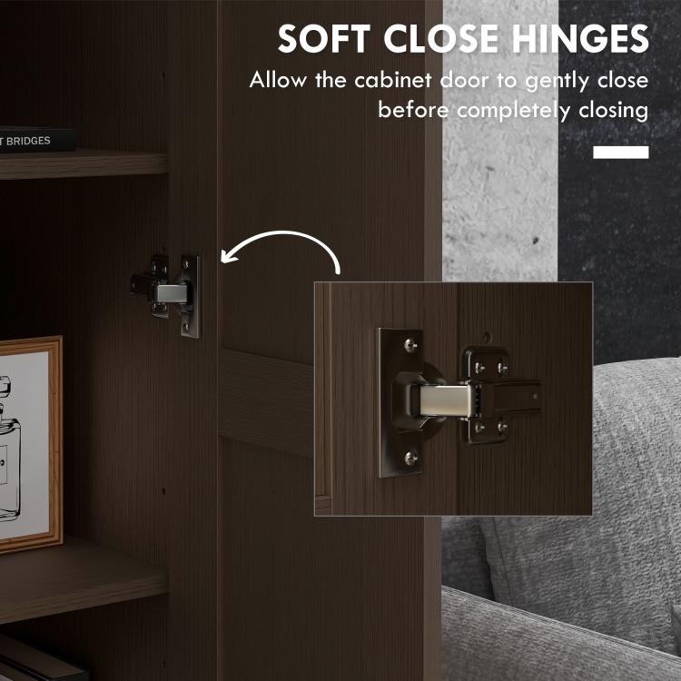 Dark brown cabinet door hinge with soft-close mechanism near silver handle hardware