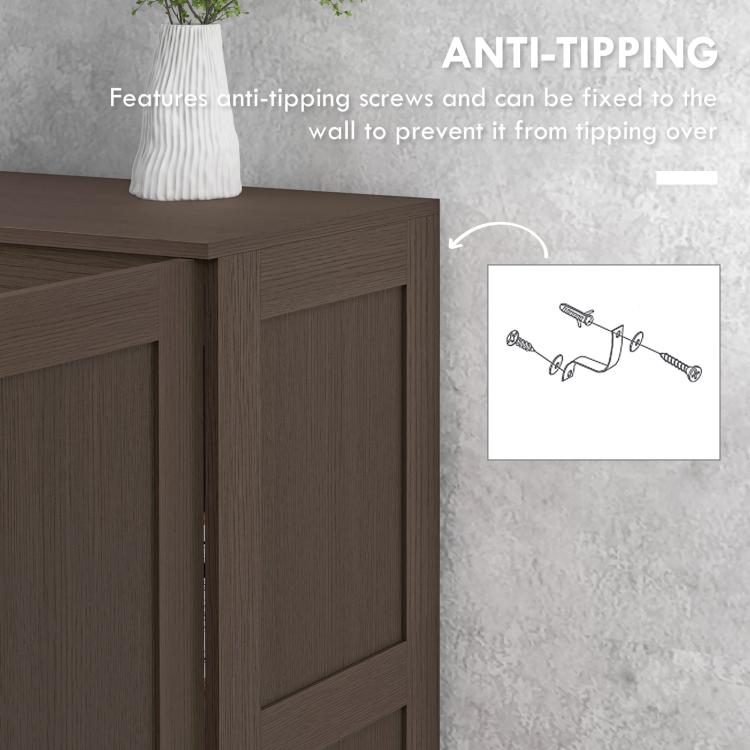 Dark brown cabinet corner with anti-tipping anchor area near wall-mount point
