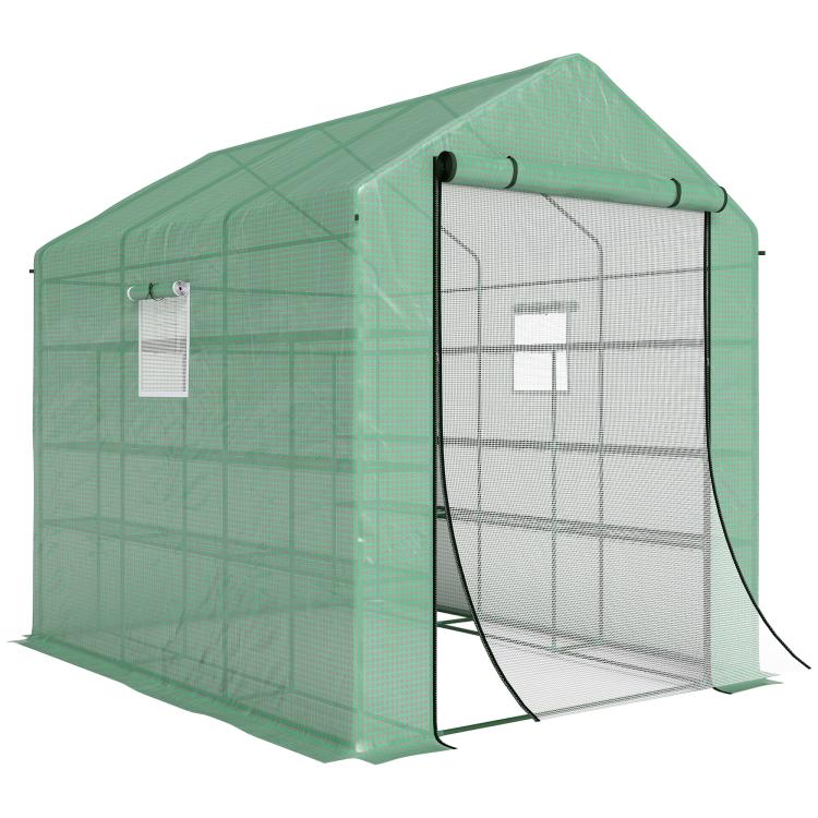 Green mesh greenhouse with open front door and window panel view