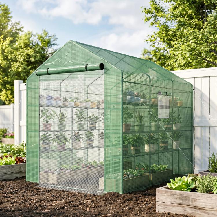 Outdoor green mesh greenhouse with tall steel frame and transparent walls for plants