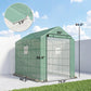 Green temporary greenhouse with zippered front door and transparent PE mesh walls