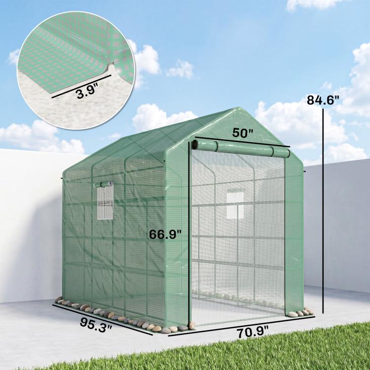 Green temporary greenhouse with zippered front door and transparent PE mesh walls