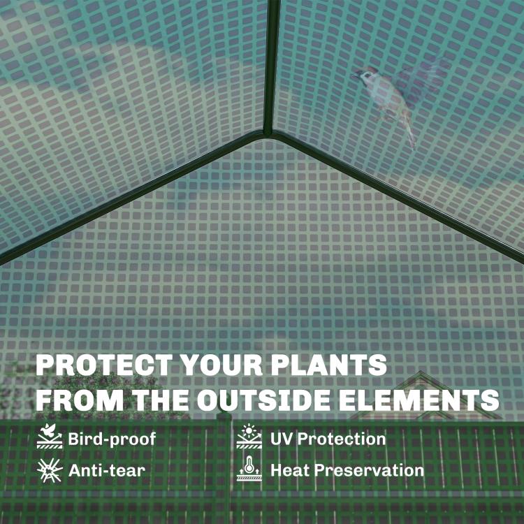 Green mesh greenhouse corner with reinforced frame tube and fine grid paneling