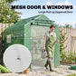 Green mesh greenhouse with large roll-up zip door and side windows for easy access
