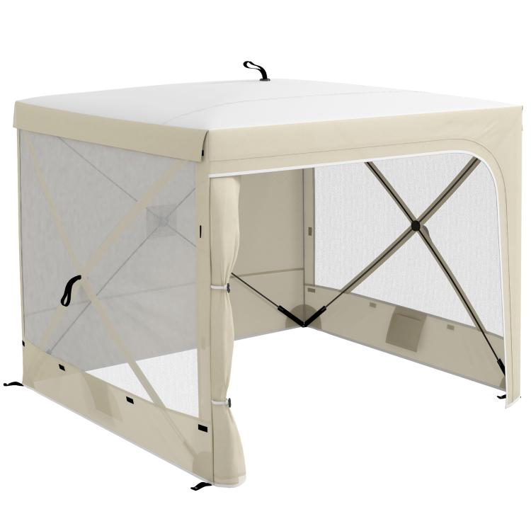 Pop-up canopy tent with side curtains and mesh panels, light beige fabric