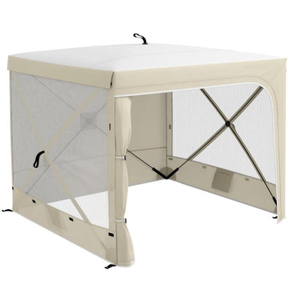 Pop-up canopy tent with side curtains and mesh panels, light beige fabric