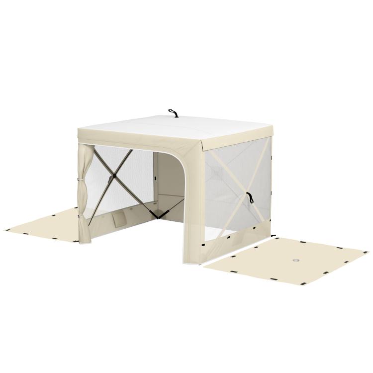 Pop-up canopy tent with open front panels and light beige fabric, extended sides