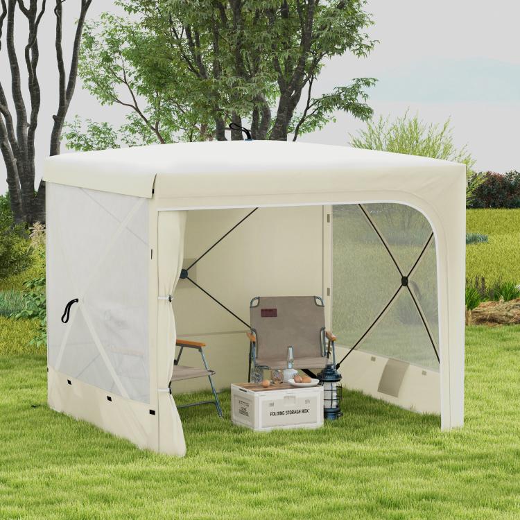 Pop-up canopy tent shelter with mesh door panels and side curtains, light beige