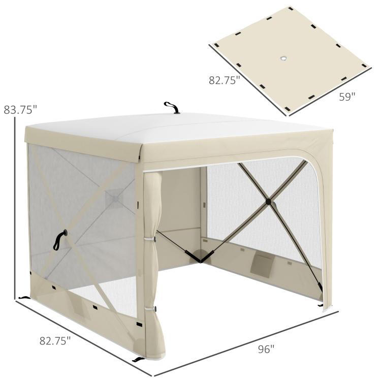 Pop-up canopy tent with light beige fabric and arched frame, size shown