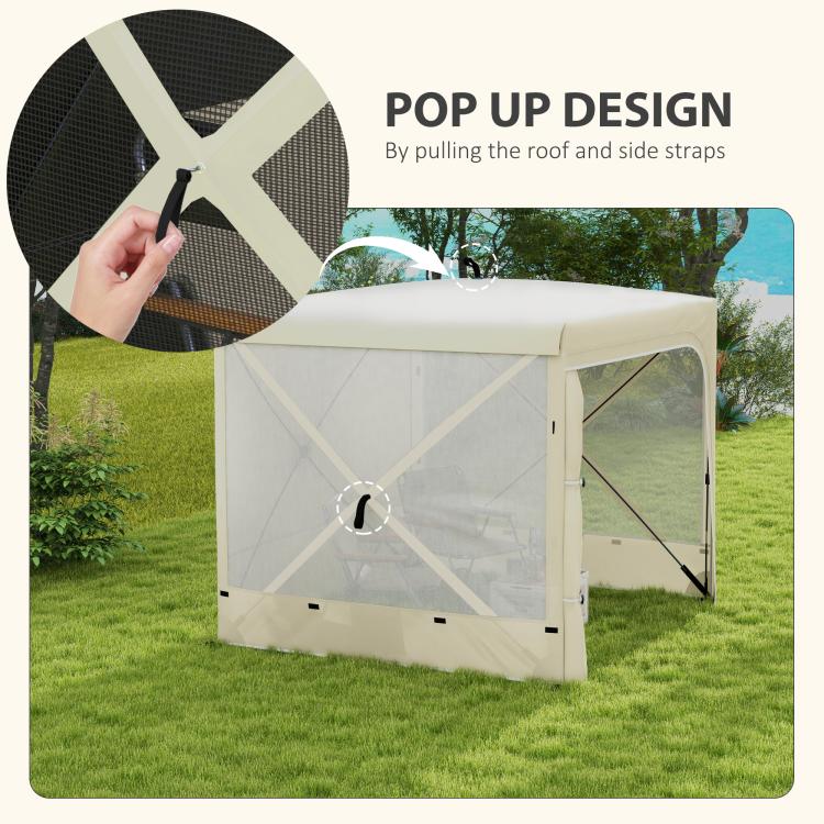 Pop-up canopy tent with pop-up frame and side straps, light beige fabric