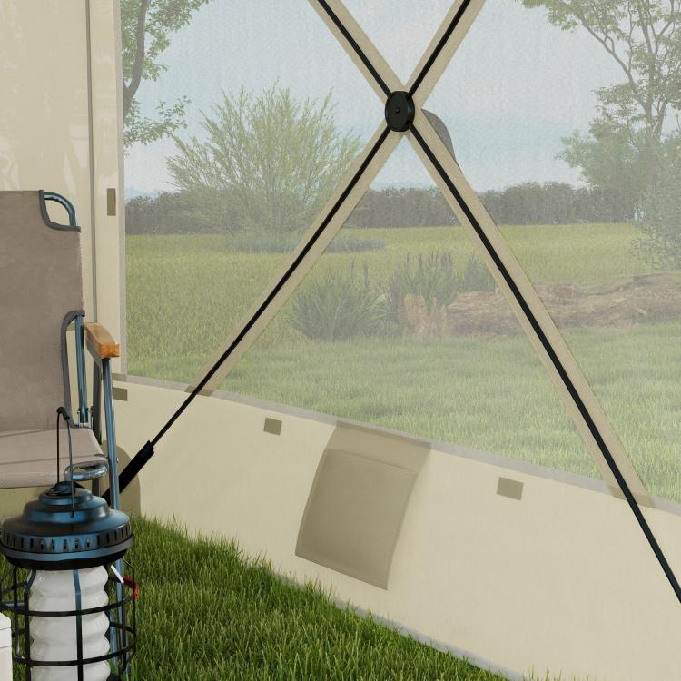 Pop-up canopy tent corner with cross-brace poles and side mesh panel, light beige