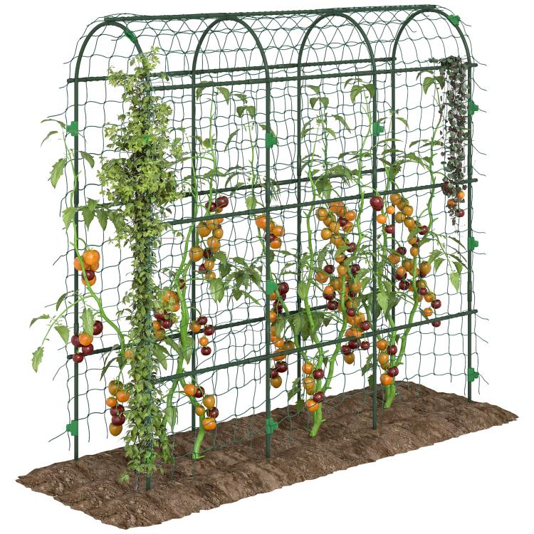 Green A-frame metal garden arch trellis with wire mesh and climbing netting