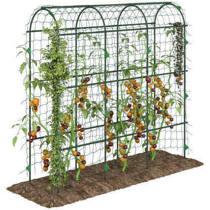 Green A-frame metal garden arch trellis with wire mesh and climbing netting