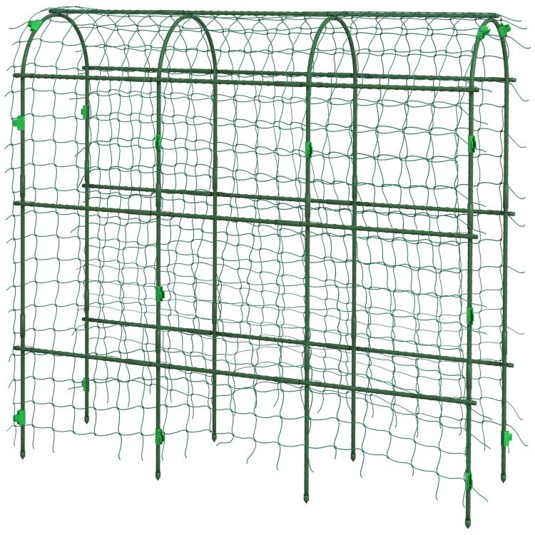 Green wire mesh garden arch trellis with curved top and vine support grid