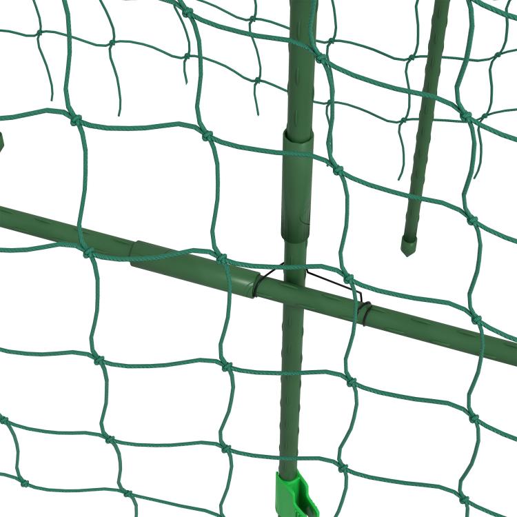 Green metal garden trellis arch frame with climbing netting, close-up