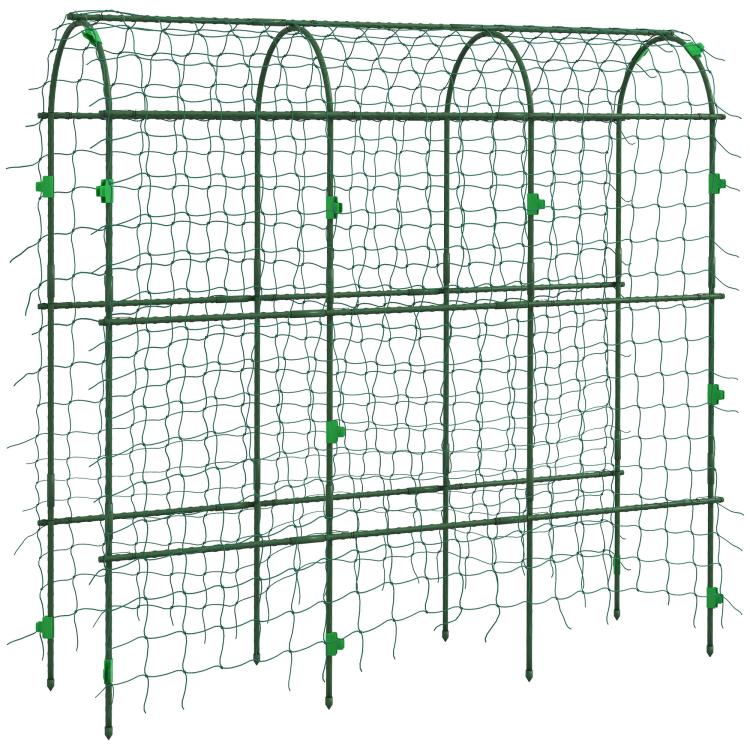 Green A-frame garden trellis with square climbing net and metal grid frame
