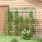 Green metal arch trellis with wire grid, supporting climbing plants in a garden
