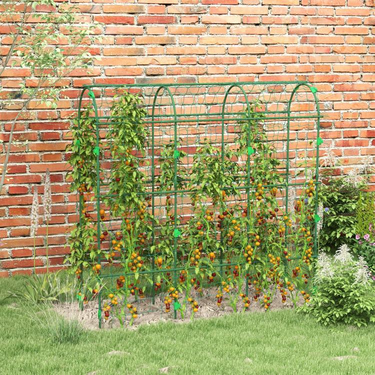 Green metal arch trellis with wire mesh supporting climbing vines along a brick wall